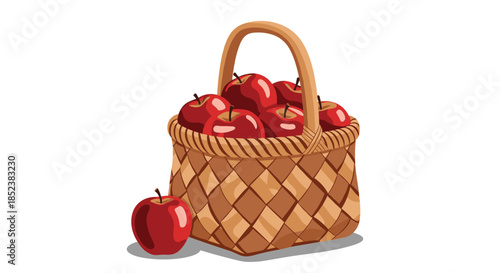 A charming wicker basket filled to the brim with shiny red apples, with a single apple placed next to it on a white background.