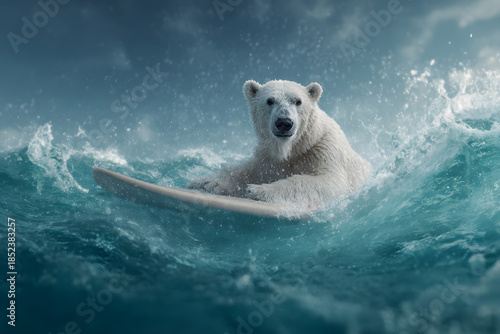 a polar bear is riding a wave on a surfboard