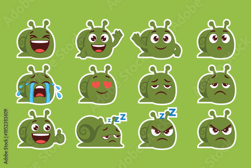 Set of Cartoon Snail Emoticons Expressing Different Emotions and Moods, Perfect for Social Media and Messaging Apps