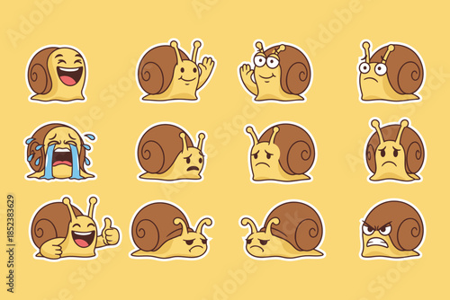 Collection of cartoon snail emojis expressing various emotions, including happiness, sadness, anger, and surprise.