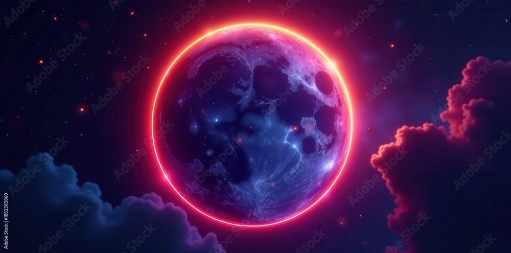 Obraz premium Glowing moon in neon eclipse; bright cosmic ring, shining space vector, sci-fi, background, solar