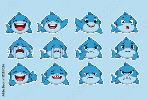 Cartoon Shark Emoticons Set Expressing Various Emotions: Happy, Sad, Angry, Crying, Surprised, and Thoughtful on a Blue Background