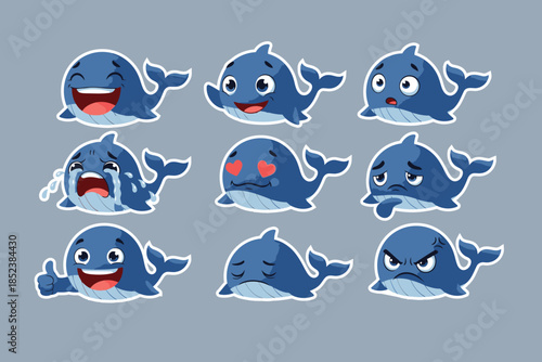 Collection of cute cartoon whale characters showing various emotions, isolated on grey background, vector illustration. 