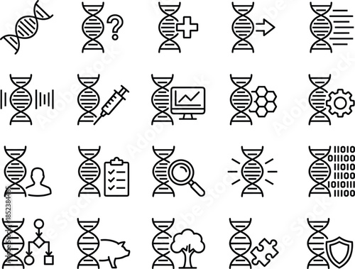 Biotechnology and genetic engineering icon set featuring DNA helix symbols for research, CRISPR gene editing, forensic analysis, medical science, laboratory data, and synthetic biology.