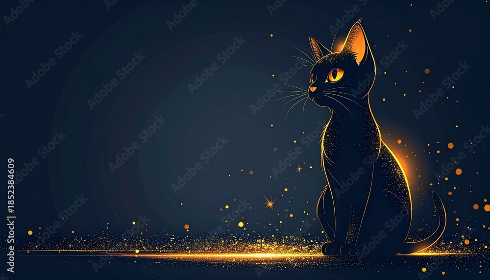 Fototapeta premium Minimal luxury cartoon New Year background featuring an elegant cat character, deep dark background with soft golden glow, clean flat illustration style, smooth rounded shapes, refined festive mood, m