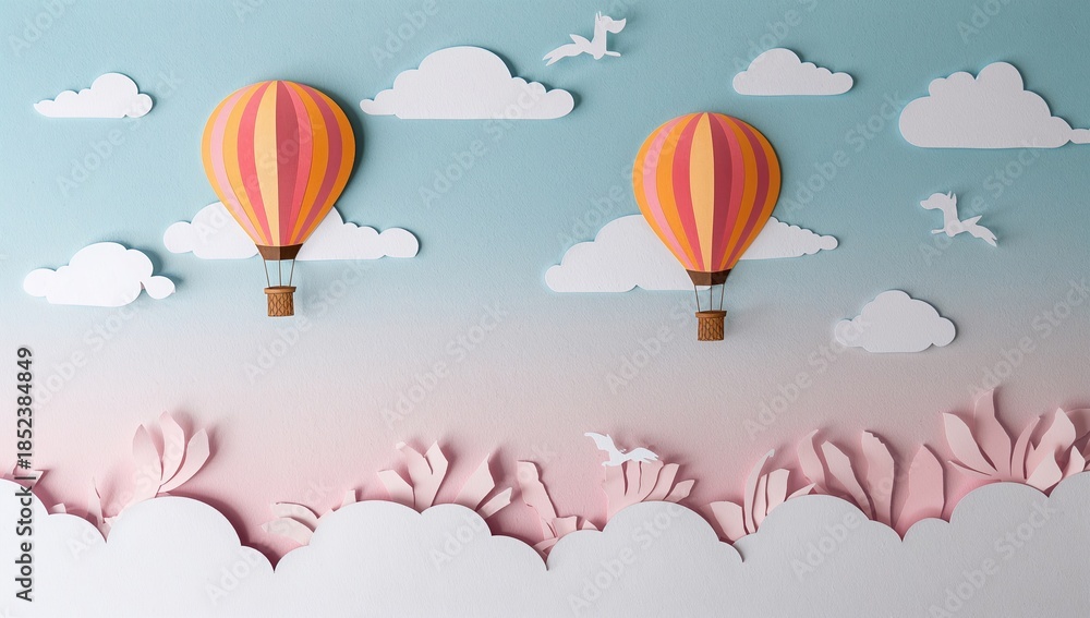 Obraz premium Colorful paper hot air balloons floating among clouds artistic illustration
