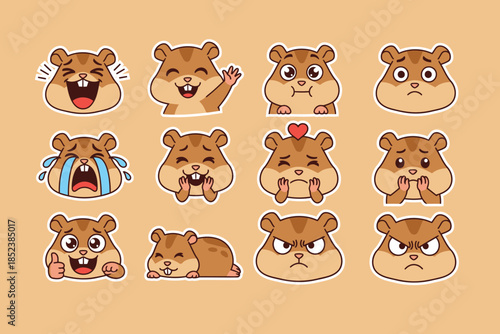 Cute Hamster Emoji Set: Cartoon Character with Various Expressions, Happy, Sad, Angry, Funny, Vector Illustration