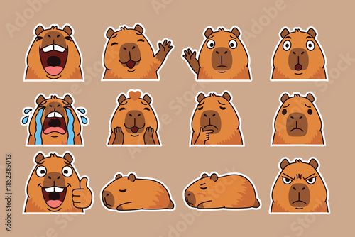 Cute Capybara Emoticons Set: Funny Cartoon Animal Characters Expressing Diverse Emotions and Moods in Vector Illustration