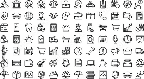 Business insurance and finance line icons set, healthcare law security technology marketing logistics banking vector outline symbols collection for web app ui design usage
