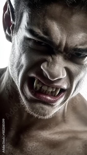 Terrifying Vampire Baring Fangs in Close Up Horror Portrait.