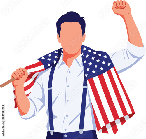 Patriotic man proudly holds the american flag over his shoulder. Perfect for independence day celebrations or patrioticthemed designs.