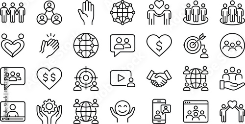 Community and charity icon set featuring social networking humanitarian aid volunteering nonprofit organization partnership global teamwork kindness donations unity support friendship cooperation and 