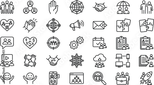 Community partnership icons set for teamwork, non-profit organization, corporate social responsibility, global collaboration, charity support, social connection, volunteer group, human resources, and 