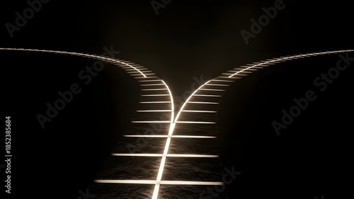 Abstract glowing fork in the road dividing into two paths in darkness, representing decision making, business strategy concepts, and choosing a future direction
