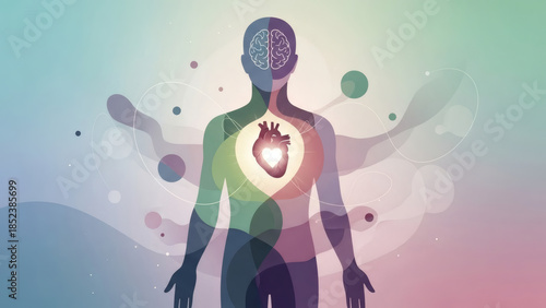 Vibrant abstract illustration of human holistic health, depicting the intricate mind-body connection and vital internal systems within a harmonious energetic aura