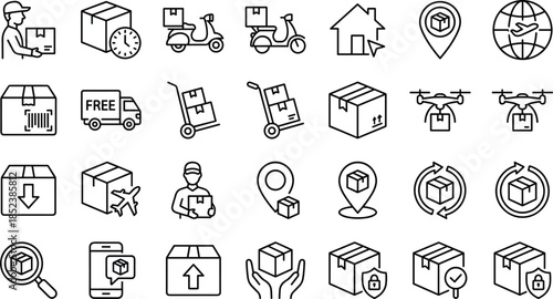 Delivery and logistics icon set featuring shipping boxes courier service warehouse distribution global transport package tracking drone delivery free shipping cargo and supply chain symbols