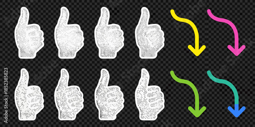A collection of hands making the thumbs up gesture and colorful arrows