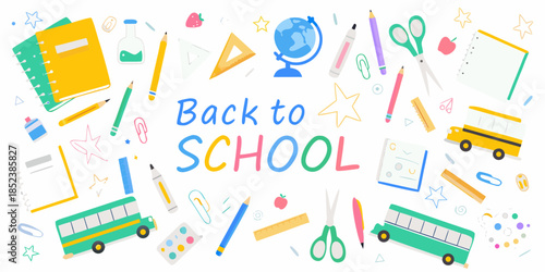 Colorful back to school supplies illustration with a school bus and globe