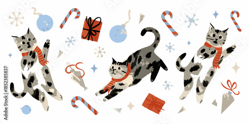 Festive cats playing with christmas decorations and candy canes a whimsical scene