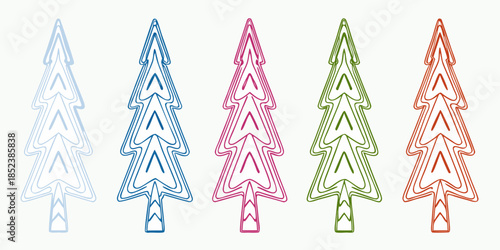 Five colorful christmas tree shaped paperclips isolated on a white background