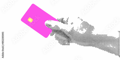 A pink credit card partially emerging from a grayscale abstract shape
