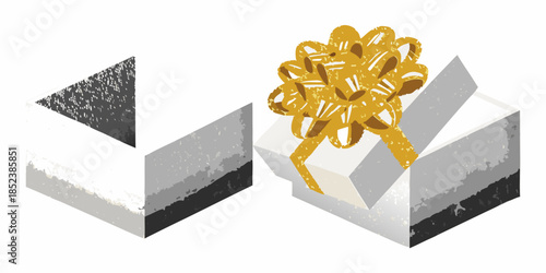 An open gift box with a yellow bow alongside a triangular prism