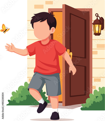 Boy tries to catch a yellow butterfly, creating a whimsical outdoor scene ideal for naturethemed designs, childhood, and exploration concepts.