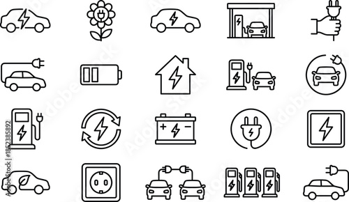Electric vehicle charging station icons set featuring green energy car battery power supply plug sustainability automotive technology eco friendly transport fuel cell infrastructure symbols