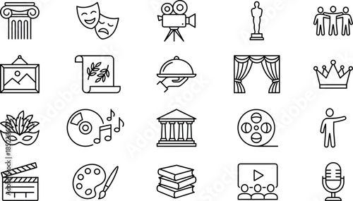 Entertainment and arts icon set featuring theater movie cinema culture music painting literature drama performance museum gallery award show film production festival creative symbols