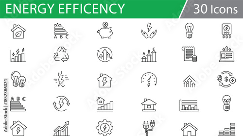 Grid of 30 black line icons for energy efficiency and home electricity, ideal for sustainability vector illustration content