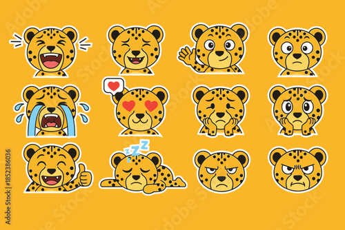 Cheetah Emoji Set Showing Various Emotions and Expressions on a Yellow Background, Cartoon Style, Vector Illustration