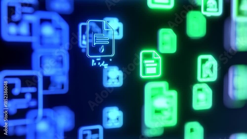 Abstract image of glowing document icons in shades of blue and green, blurred and on a black background
