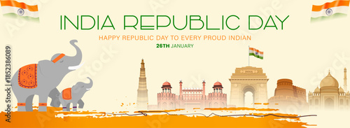 India National Day 20India Republic Day 26 January Banner with Indian Monuments, Tricolor Brush Stroke and Elephant Illustration