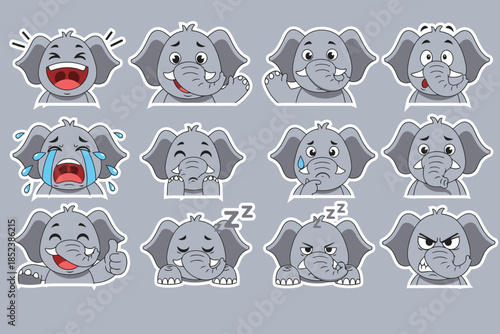 Cute Elephant Cartoon Emoticons Set Showing Various Emotions and Expressions, Perfect for Stickers or Design Elements