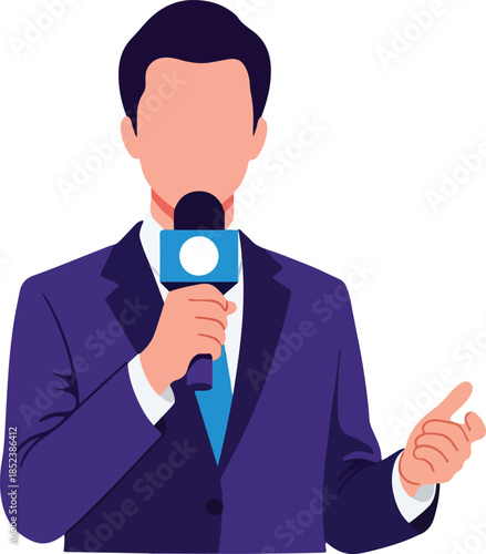 Faceless man presenting with a microphone in suit and tie. Ideal for presentations, business concepts, public speaking events.