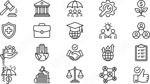 Law and Insurance Icon Set, Legal Justice Symbols, Professional Business Services, Financial Protection, Global Education, Healthcare Security, Corporate Management, Banking, Investment, Handshake