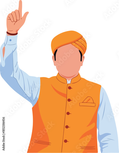 Faceless man in a turban and yellow vest pointing up. Suitable for presentations, web banners, and cultural diversity concepts.