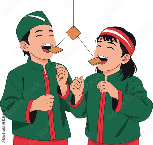 Two children joyfully participate in cracker eating competition in indonesia, suitable for cultural events or family bonding visuals.