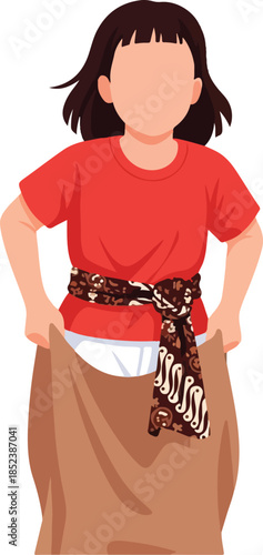 Sack race participant in colorful batik sash, suitable for event promotions, sports blogs, festivethemed designs, and cultural celebrations.