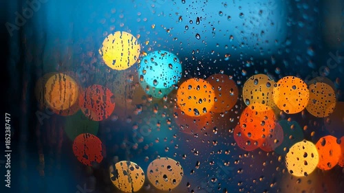 Rainy Night City Lights - A Bokeh View Through a Wet Window.