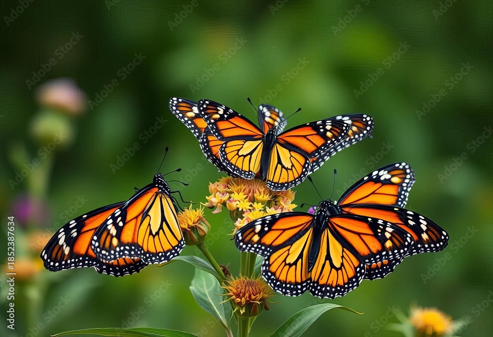 Fototapeta premium Six monarch butterflies clustered on milkweed, wings outstretched, orange, migration