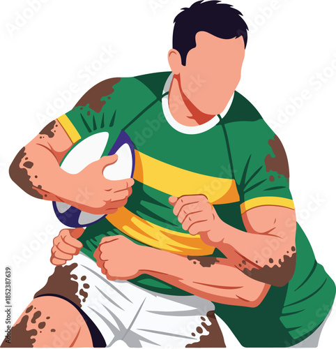 Muscular rugby player in action with a ball. Suitable for sports blogs, fitness websites, and active lifestyle marketing campaigns.