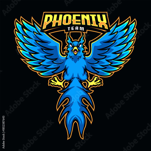 Blue Phoenix Mascot Logo with Spread Wings