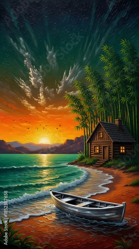 River side view of house and boat on the river