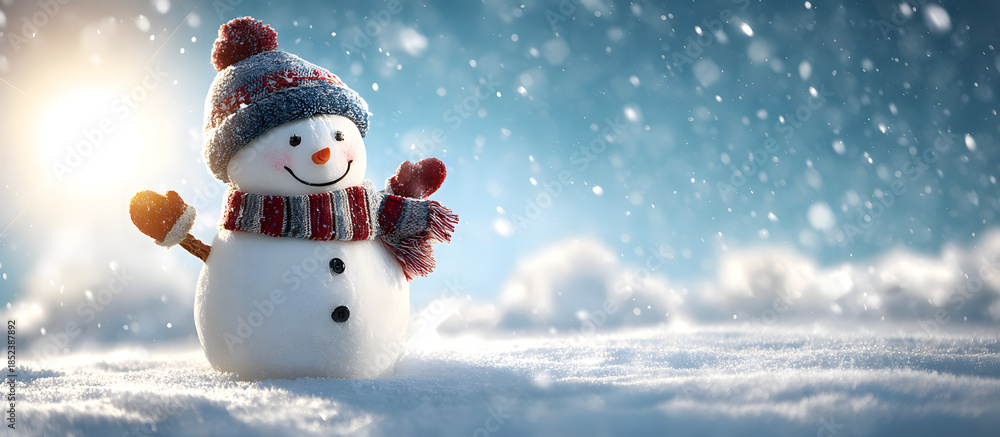 Fototapeta premium Cute snowman wearing red hat and scarf waving in snowy winter night scene