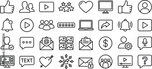Professional line icons set for business communication, digital technology gadgets, logistics warehouse shipping, social media interface, global networking, financial management, customer support, 