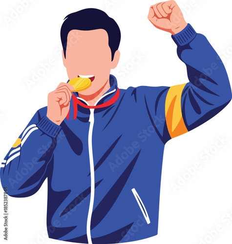 Faceless athlete in blue jacket bites gold medal, fist pumped victoriously. Suitable for sports, success, winning, and victory concepts.