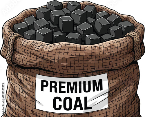 Premium coal in a burlap sack for industrial or heating purposes