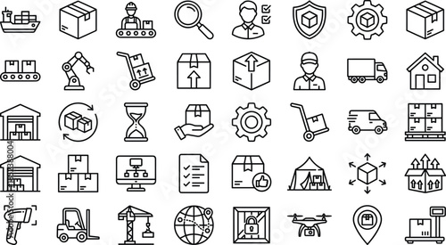 Professional line icons set for business communication, digital technology gadgets, social media interface, logistics warehouse delivery, global networking, electronic hardware, and modern 