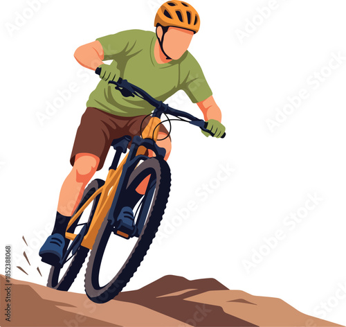 Cyclist descending downhill on yellow mountain bike with skill and courage. Suitable for sports, adventure, cyclingthemed designs.